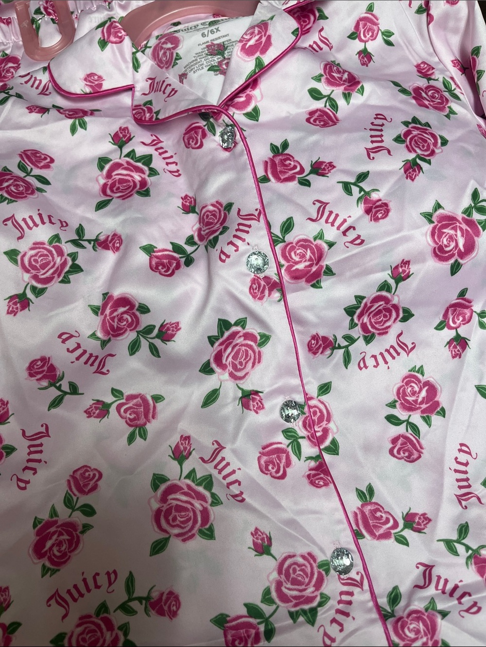 Juicy Couture Pink Rose Print Girls 3 Piece Pajama Set - Picture 3 of 6